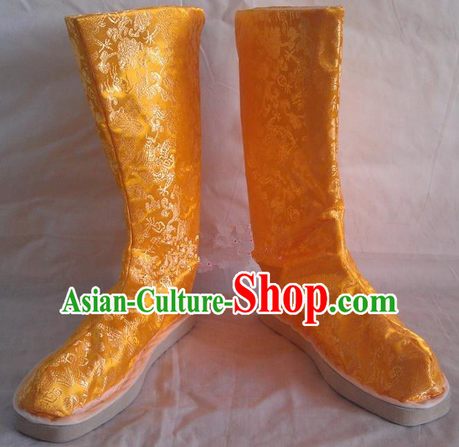 Asian Chinese Traditional Shoes Embroidered Yellow Shoes, China Ancient Hanfu Shoes Embroidered Satin Shoes