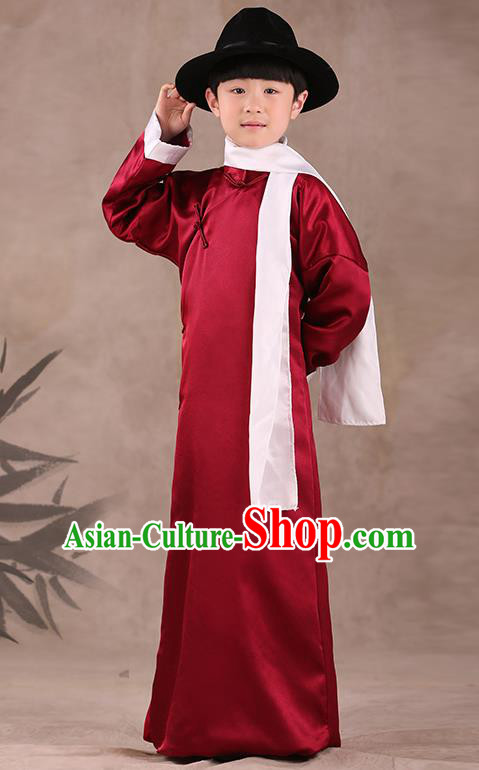 Traditional Chinese Republic of China Costume Children Wine Red Long Gown, China National Comic Dialogue Clothing for Kids