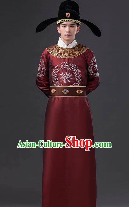 Traditional Chinese Tang Dynasty Prince Costume, China Ancient Minister Purplish Red Embroidered Robe Clothing for Men