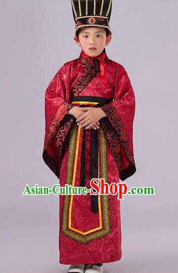 Traditional Chinese Han Dynasty Prime Minister Red Costume, China Ancient Chancellor Hanfu Clothing for Kids