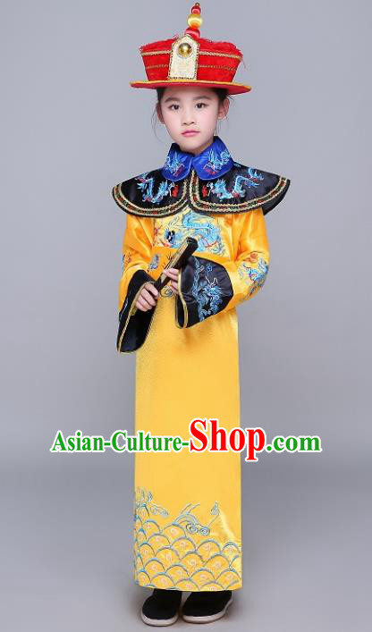 Traditional Ancient Chinese Qing Dynasty Emperor Costume, China Manchu Majesty Mandarin Embroidered Robe Clothing for Kids
