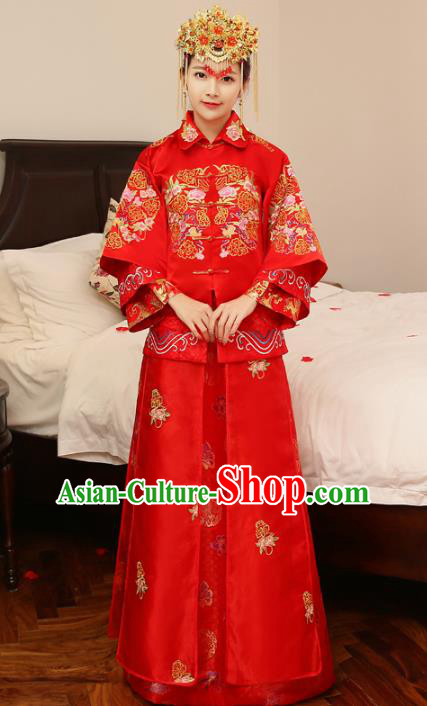 Chinese Traditional Bride Wedding Costume Xiuhe Suits China Ancient Embroidered Peony Clothing for Women