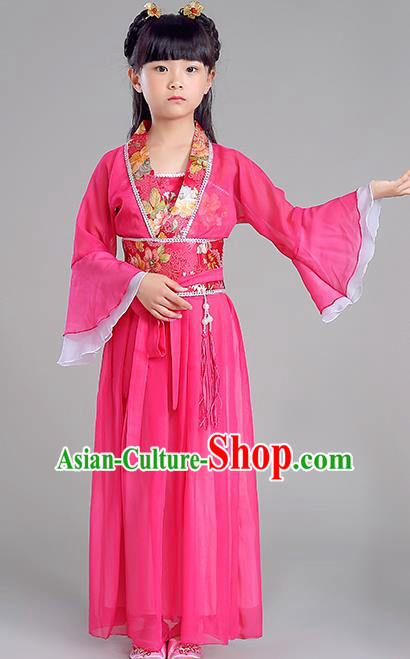 Traditional Chinese Tang Dynasty Princess Costume, China Ancient Fairy Embroidered Rosy Dress Clothing for Kids