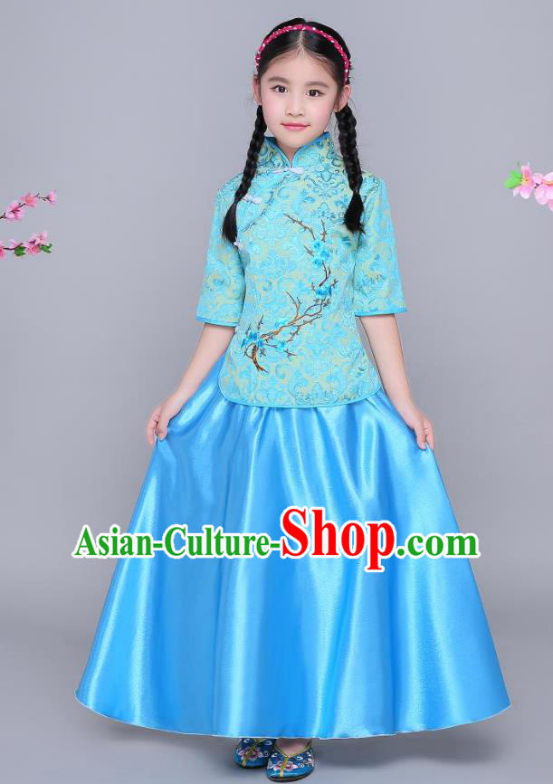 Traditional Chinese Republic of China Children Clothing, China National Embroidered Wintersweet Blue Blouse and Skirt for Kids