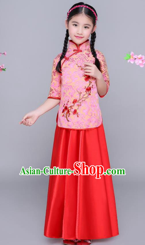 Traditional Chinese Republic of China Children Clothing, China National Embroidered Wintersweet Red Blouse and Skirt for Kids