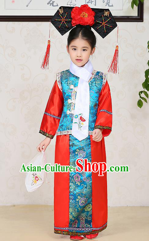 Traditional Chinese Qing Dynasty Children Princess Red Costume, China Manchu Palace Lady Embroidered Clothing for Kids