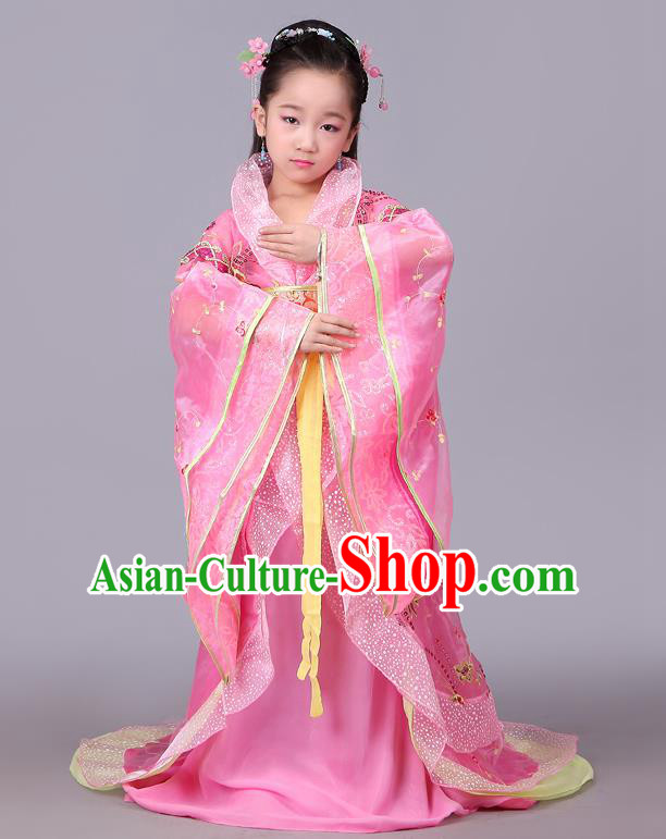 Traditional Chinese Tang Dynasty Palace Lady Pink Costume, China Ancient Imperial Consort Embroidered Hanfu Clothing for Kids