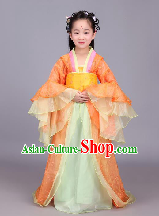 Traditional Chinese Tang Dynasty Palace Lady Orange Costume, China Ancient Imperial Consort Embroidered Hanfu Clothing for Kids