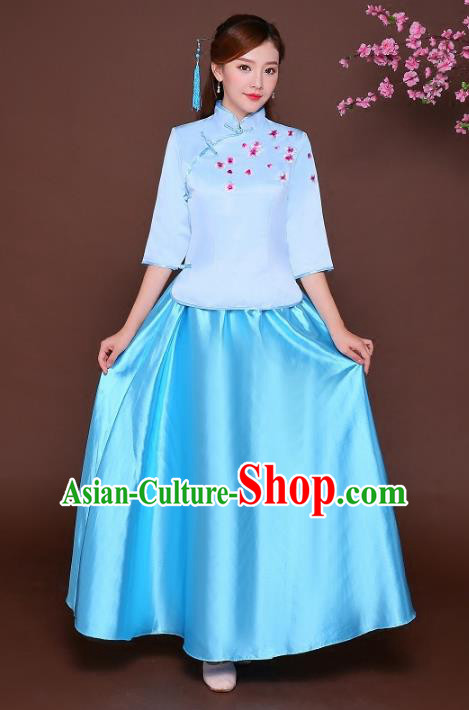 Traditional Chinese Republic of China Nobility Lady Clothing, China National Embroidered Blue Blouse and Skirt for Women