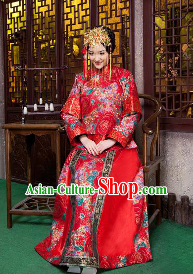 Chinese Traditional Wedding Costume Xiuhe Suits China Ancient Bride Embroidered Peony Clothing for Women