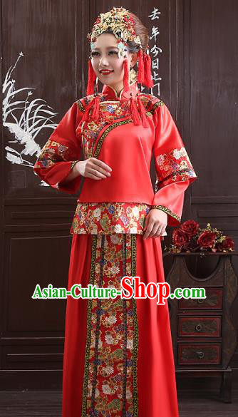 Chinese Traditional Wedding Bride Costume Xiuhe Suits China Ancient Embroidered Toast Clothing for Women
