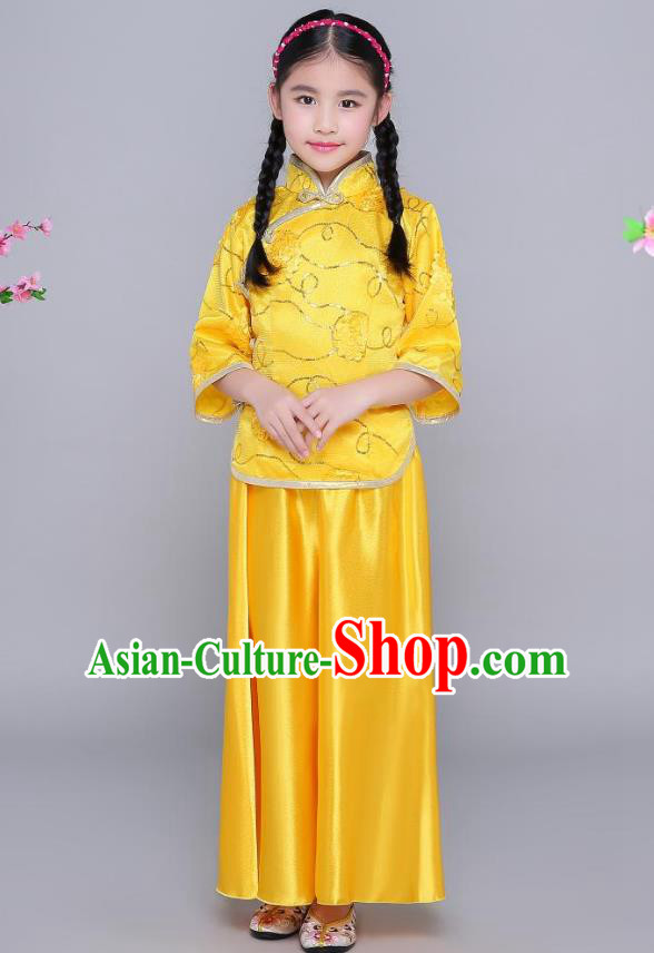 Traditional Chinese Republic of China Nobility Lady Clothing, China National Embroidered Yellow Blouse and Skirt for Kids