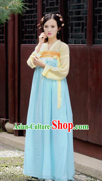 Traditional Chinese Tang Dynasty Young Lady Costume, China Ancient Princess Hanfu Blue Dress Clothing for Women