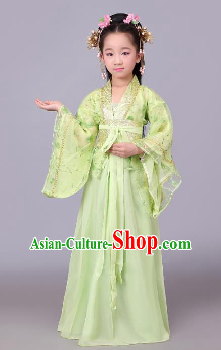 Traditional Chinese Tang Dynasty Palace Lady Costume, China Ancient Princess Hanfu Green Dress Clothing for Kids