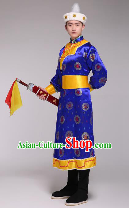 Traditional Chinese Mongol Nationality Dance Costume, Mongolian Minority Folk Dance Embroidery Blue Mongolian Robe for Men