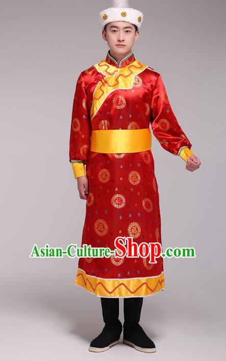 Traditional Chinese Mongol Nationality Dance Costume, Mongolian Minority Folk Dance Embroidery Red Mongolian Robe for Men