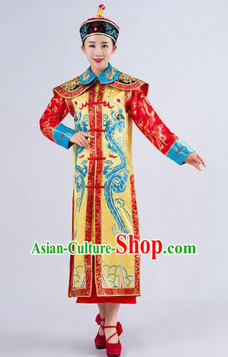 Traditional Ancient Chinese Qing Dynasty Empress Costume, China Manchu Palace Queen Embroidered Yellow Clothing for Women