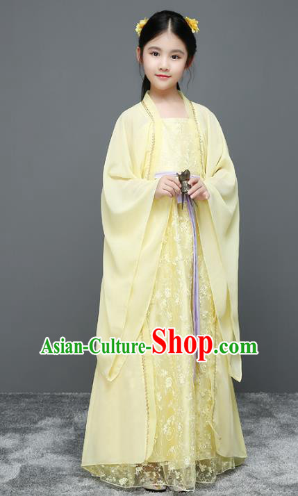 Traditional Chinese Ancient Palace Fairy Costume, China Tang Dynasty Imperial Princess Yellow Dress Clothing for Kids