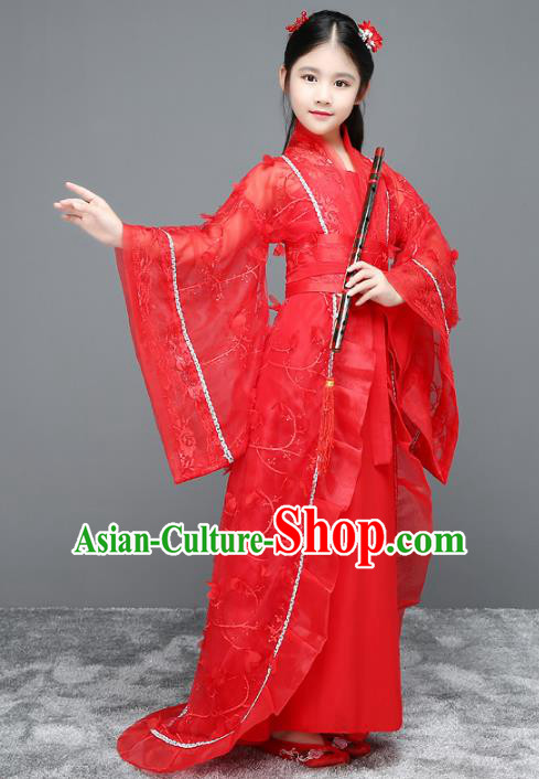 Traditional Chinese Ancient Palace Fairy Costume, China Tang Dynasty Imperial Princess Red Trailing Dress Clothing for Kids