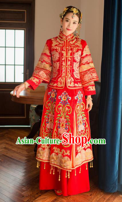 Chinese Traditional Wedding Xiuhe Suit Costume China Ancient Bride Cheongsam Embroidered Peony Toast Clothing for Women