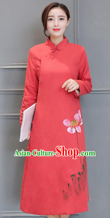 Traditional Chinese National Costume Hanfu Red Linen Qipao Dress, China Tang Suit Cheongsam for Women