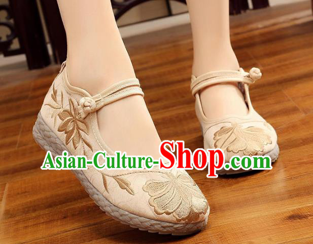 Asian Chinese Beige Cloth Embroidered Shoes, Traditional China Princess Shoes Hanfu Embroidery Shoes for Women