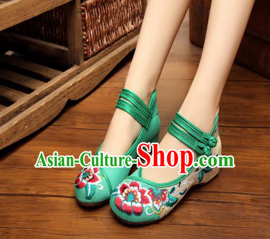 Asian Chinese National Green Embroidered Peony Shoes, Traditional China Princess Shoes Hanfu Embroidery Shoes for Women