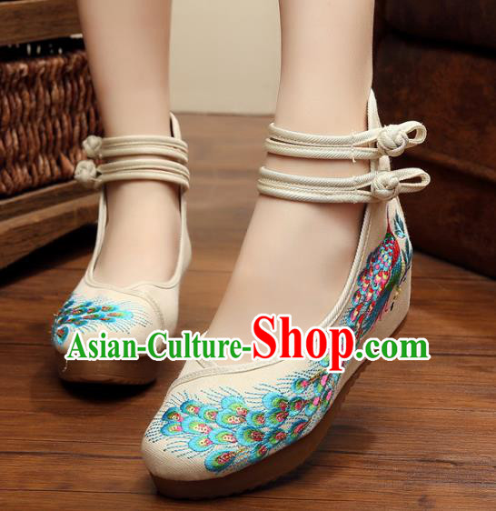 Asian Chinese National White Embroidered Peacock Shoes, Traditional China Princess Shoes Hanfu Embroidery Shoes for Women