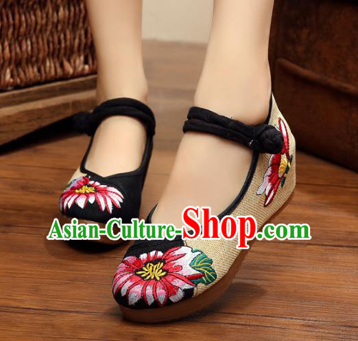 Asian Chinese National Black Linen Embroidered Shoes, Traditional China Princess Shoes Hanfu Embroidery Shoes for Women