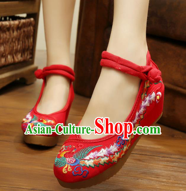 Asian Chinese National Red Embroidered Shoes, Traditional China Princess Shoes Hanfu Embroidery Phoenix Shoes for Women