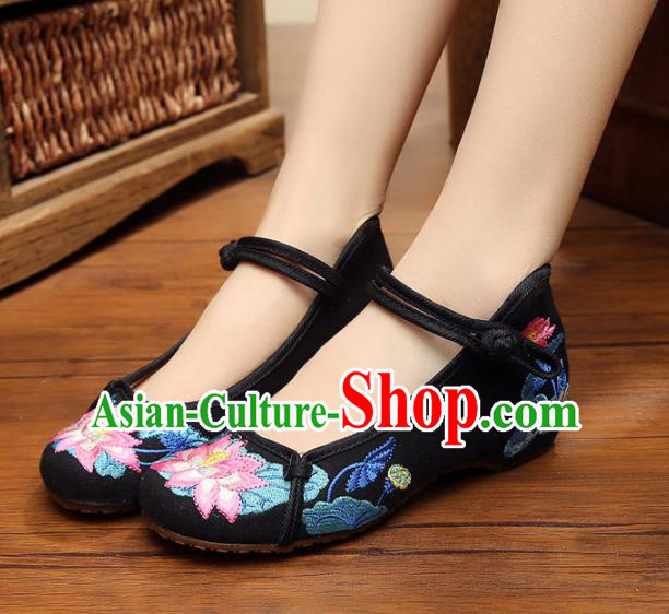 Traditional Chinese National Black Linen Embroidered Shoes, China Princess Shoes Hanfu Embroidery Lotus Shoes for Women