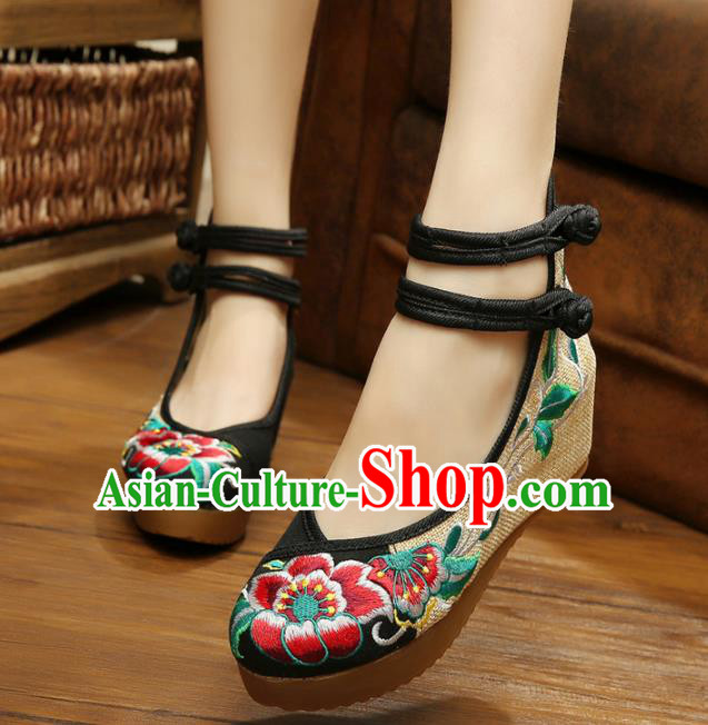 Traditional Chinese National Black Linen Embroidered Peony Shoes, China Princess Shoes Hanfu Embroidery Shoes for Women