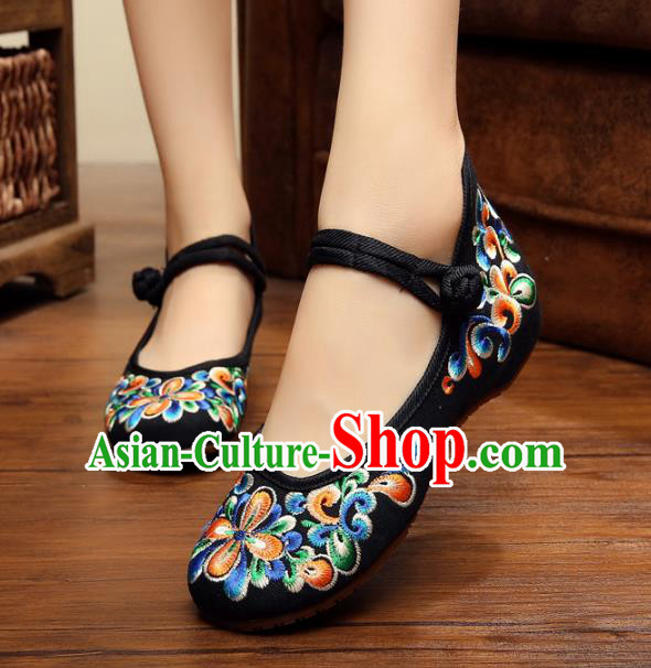 Traditional Chinese National Black Embroidered Shoes, China Princess Shoes Hanfu Embroidery Shoes for Women