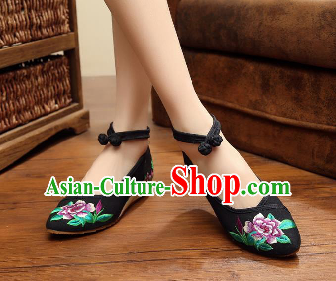 Traditional Chinese National Hanfu Shoes Black Embroidered Shoes, China Princess Shoes Embroidery Flowers Shoes for Women