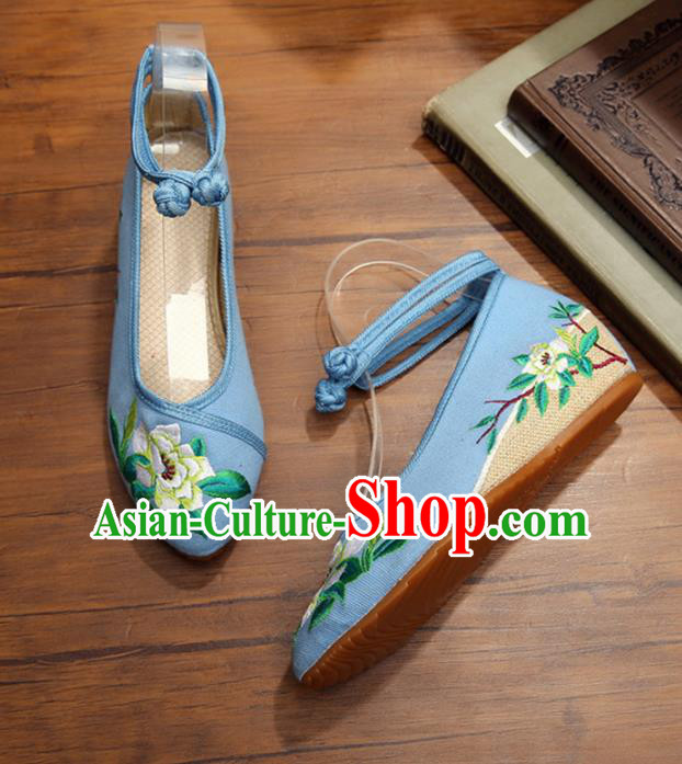 Traditional Chinese National Hanfu Shoes Blue Embroidered Shoes, China Princess Shoes Embroidery Flowers Shoes for Women