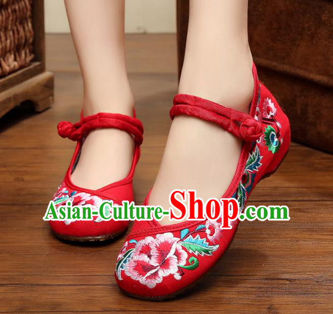 Traditional Chinese National Red Canvas Shoes Embroidered Peony Shoes, China Princess Embroidery Shoes for Women