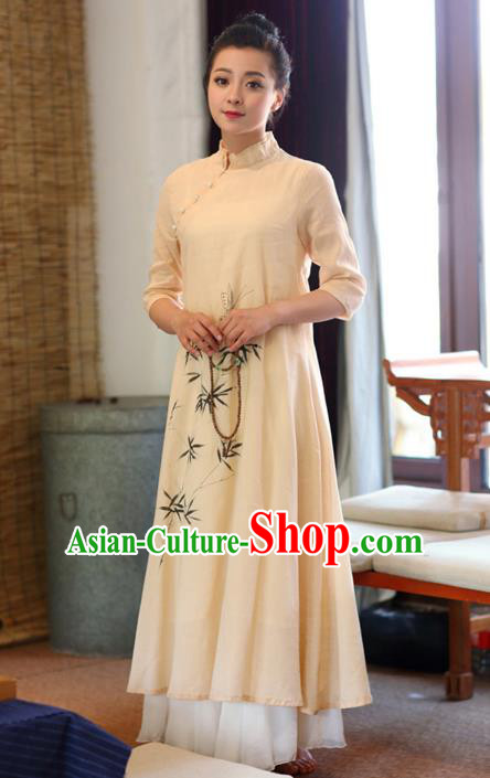 Traditional Chinese National Costume Hanfu Painting Bamboo Qipao Dress, China Tang Suit Cheongsam for Women