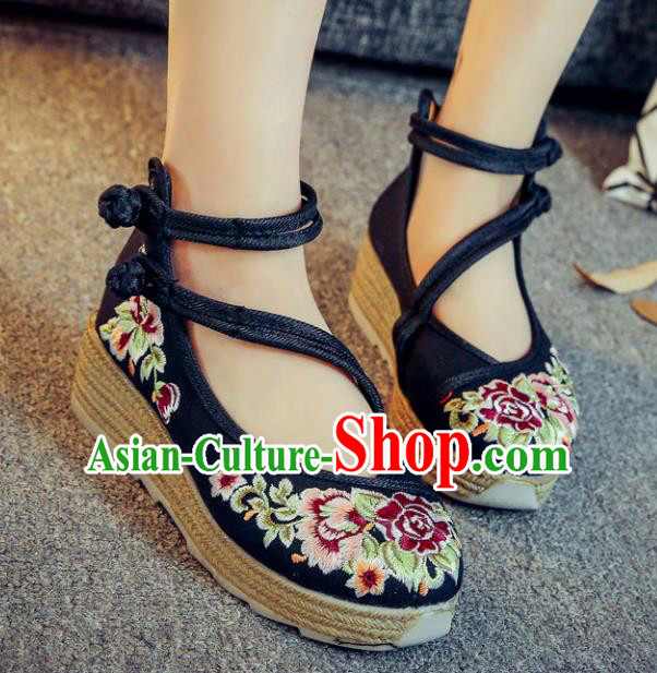 Traditional Chinese National Hanfu Black Linen Embroidered Shoes, China Princess Embroidery Peony Shoes for Women