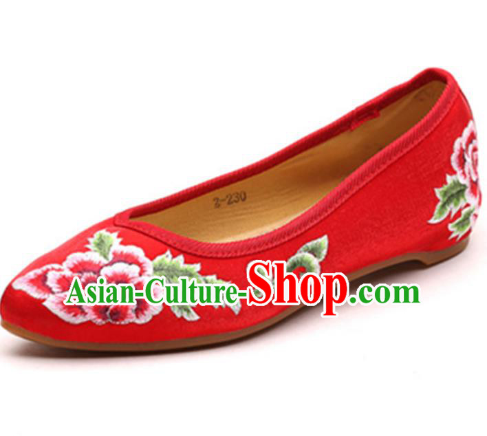 Traditional Chinese National Hanfu Embroidered Shoes, China Princess Embroidery Peony Red Shoes for Women