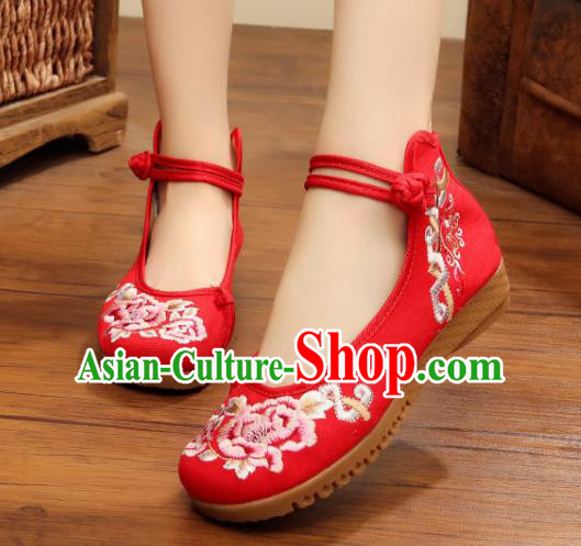 Traditional Chinese National Hanfu Linen Embroidered Shoes, China Princess Embroidery Peony Red Shoes for Women