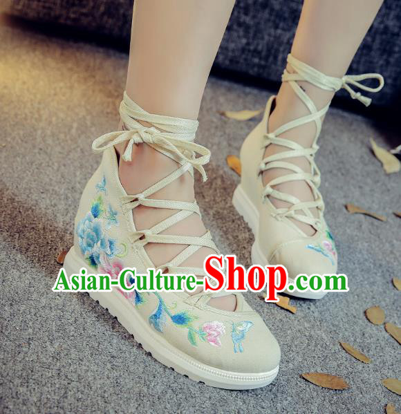Traditional Chinese National Hanfu White Embroidered Shoes, China Princess Embroidery Peony Shoes for Women