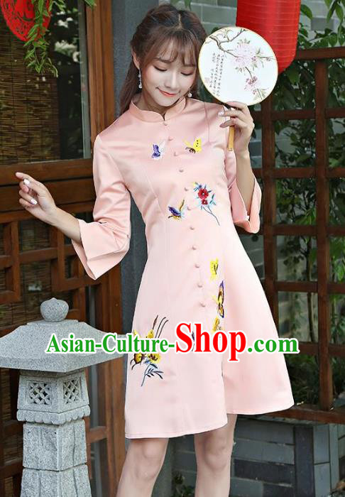 Traditional Chinese National Costume Hanfu Embroidered Butterfly Pink Qipao Dress, China Tang Suit Cheongsam for Women