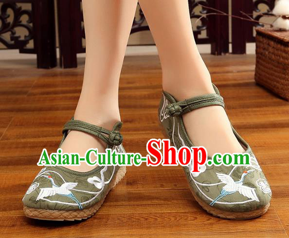 Traditional Chinese National Hanfu Green Embroidery Crane Shoes, China Princess Embroidered Shoes for Women