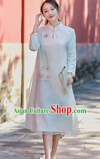 Traditional Chinese National Costume Hanfu Printing Lotus White Qipao, China Tang Suit Cheongsam Dress for Women
