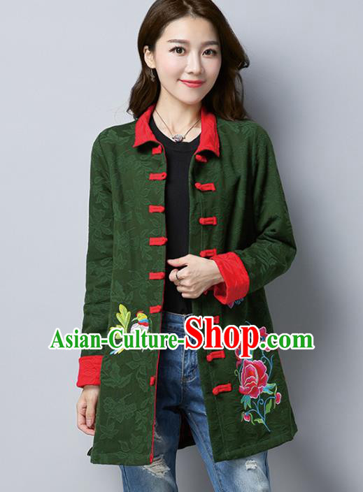 Traditional Chinese National Costume Hanfu Plated Buttons Green Embroidered Coats, China Tang Suit Coat for Women