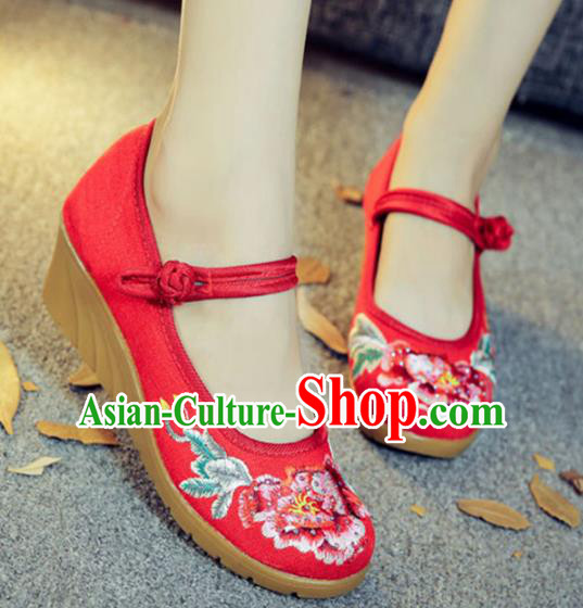Traditional Chinese National Hanfu Embroidery Peony Red Shoes, China Embroidered Shoes for Women