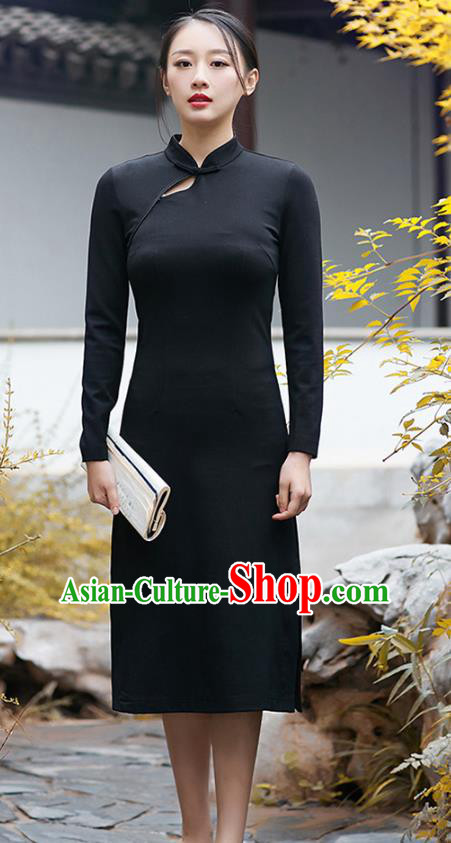 Traditional Chinese National Costume Hanfu Black Qipao Dress, China Tang Suit Cheongsam for Women
