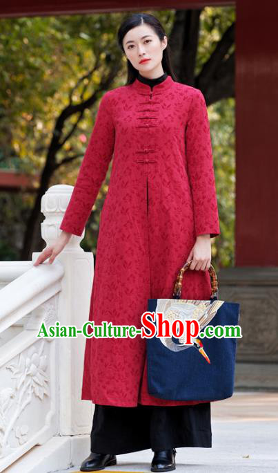 Traditional Chinese National Costume Hanfu Red Plated Buttons Dust Coat, China Tang Suit Coat for Women