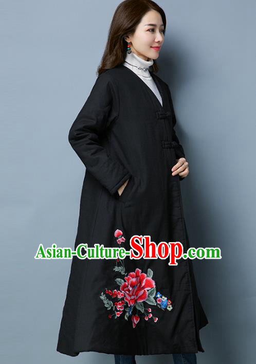 Traditional Chinese National Costume Hanfu Embroidered Black Cotton-padded Coat, China Tang Suit Coat for Women