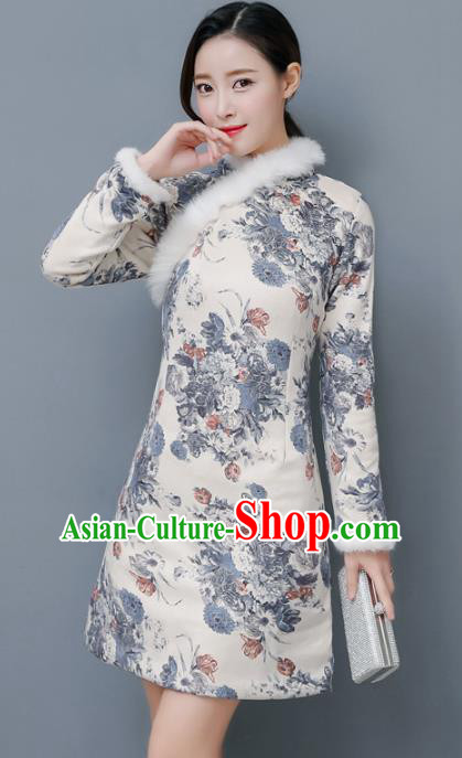 Traditional Chinese National Costume Hanfu Cotton-padded Qipao, China Tang Suit Cheongsam Dress for Women